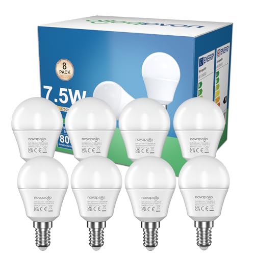 novapollo 7.5W E14 LED Light Bulb 8 Pack (60W Equivalent) - 806LM Warm White 2700K, Small Screw Light Bulb Non-Dimmable LED Bulb, High CRI for Bedroom Living Room Coffee Shop UK CA Certified