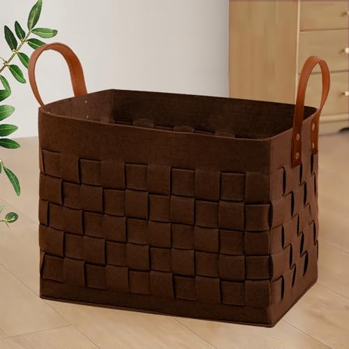 boldmonkey Laundry Basket 16.5 " x13 x13 , Large Rectangular Felt Fabric Blanket Basket with Leather Handle, Dirt Clothes Laundry Hamper for Babies, Dogs and Living Room-Brown by boldmonkey - Used condition - US$27.19