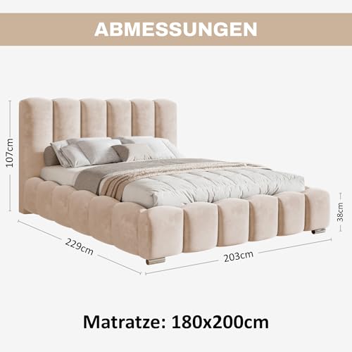 Grand Bubble Bett 180x200 Beige Samt, mit Stauraum, mit Kopfteil, mit Lattenrost, mit Füßen, mit Matratze H2/H3, Bubble Polsterbett 180x200 mit Bettkasten Beige (Creme) – Bild 3