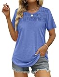 Picture of Short Sleeve Shirts for Women Fashion Tee Shirts Smocked Crewneck Tops Shirred Blue L