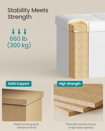 Image of SONGMICS MAZIE Collection - 30 Inches Folding Storage Ottoman Bench, Ottoman with Storage, Foot Rest Stool, Load 660 lb, for Living Room, Synthetic Leather, White ULSF106