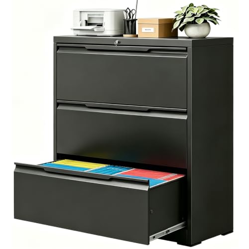 Korolado 3 Drawer Lateral File Cabinet with Lock, Heavy-Duty Metal Filing Cabinet for Home Office, Steel Storage Compatible with Hanging Files Letter/Legal/F4/A4 Sizes, Black
