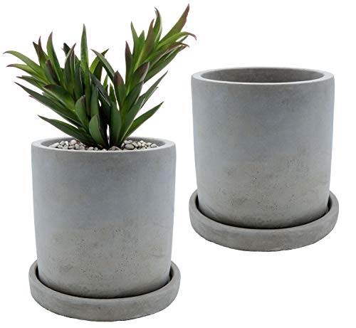 Earth&Ware Set of 2 4-inch Gray Unglazed Cement Succulent Planter Pots with Drainage Hole and Removable Saucer