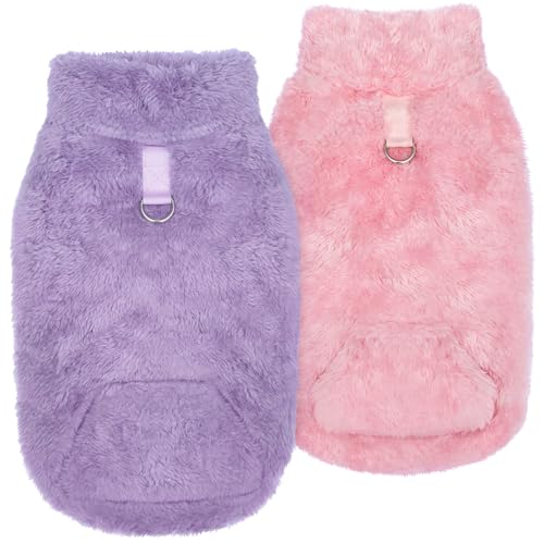 Idepet Fleece Dog Sweater Vest 2 Pack, Small Dog Clothes Sleeveless with Leash Ring and Pocket, Warm Puppy Sweatshirt Pet Cold Weather Pullover for Cats (Pink+Purple, X-Small)