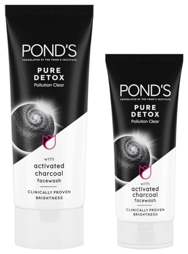 POND'S Pure Detox Face Wash 200 g, Daily Exfoliating & Brightening Cleanser, Deep Cleans Oily Skin - With Activated Charcoal for Fresh, Glowing Skin & POND'S Pure Detox Face Wash 100 g