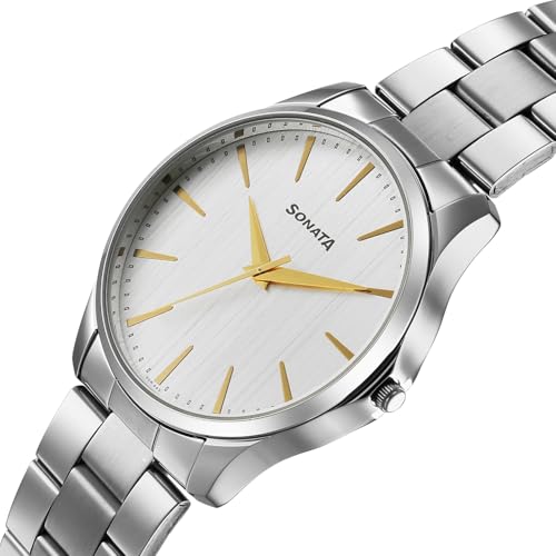 Image of Sonata Traditional Essentials Quartz Analog Silver Round Dial Men's Watch - 77163SM02W