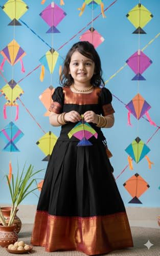 Image of R P CREATION Kids Silk Lehenga Choli Set | Zari Bordered Ghagra Choli | Traditional Ethnic Wear for Weddings, Poojas & Festivals