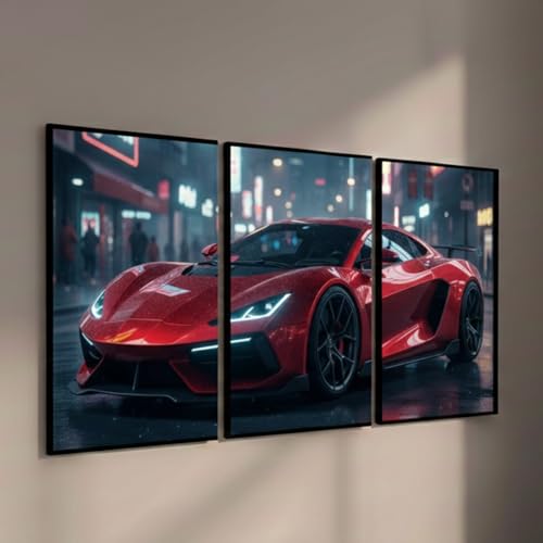 Image of BeauKraft Supercar Racing Poster Set for Wall - 3 Panel Split Posters (12x16 inches each, Unframed), Sports Car Wall Art Decor for Boys Room, Living Room, Garage & Men's Bedroom (Red)