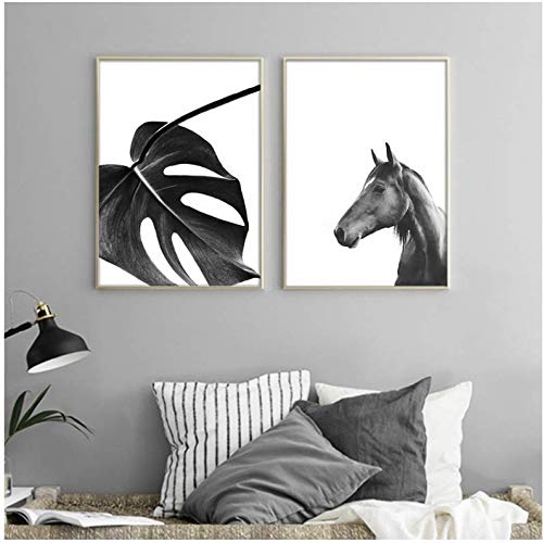 Affiche noir et blanc ananas et cheval art mural pour salon 50x70 cm