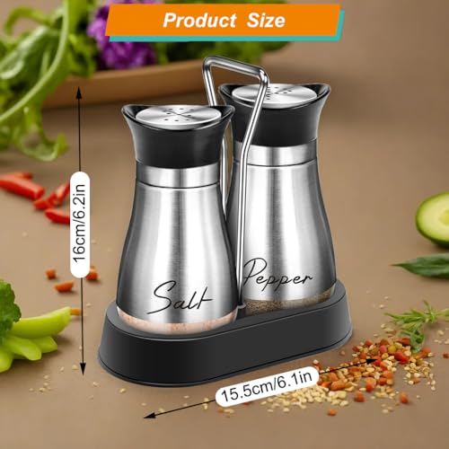 UDQYQ Salt and Pepper Shakers Set including Holder,Cruet Sets Stainless Steel Salt and Pepper with Glass Bottom,Refillable Salt Shaker Kitchen Gadgets for Counter Modern Decor Table (Silver) - Image 2