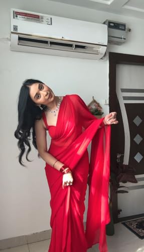 Image of StyleScope Women's Plain Georgette Ready To Wear One Minute Saree With Unstitched Blouse Piece (Kalki)
