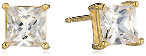 Amazon Essentials Yellow 18K Gold Plated Sterling Silver Princess Cut Cubic Zirconia Stud Earrings (4.5mm)