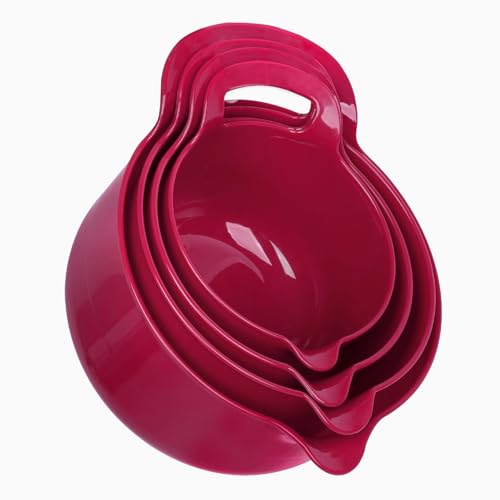 BoxedHome 4 Pack Nesting Mixing Bowl Set with Pour Spout and Handle, Non-Slip Bottom, BPA free Microwave & Dishwasher Safe(Deep Carmine)