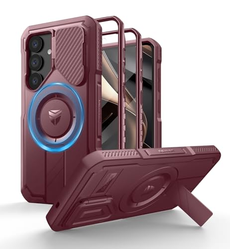 Image of Dexnor for Samsung Galaxy S25 Case with Camera Cover & Adjustable Kickstand & Built-in Screen Protector, Magnetic Rugged Shockproof Bumper Cases Heavy-Duty Magnetic Protective Cover (2025),Maroon Red