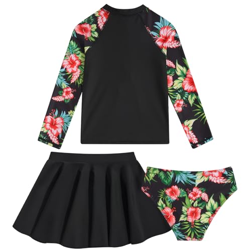 Rashguard for Girls Hawaiian Floral Print Black Swimsuit Long Sleeve Bathing Suits Sun Protect Big Kids Summer Beachwear Size 10-12 — view 4