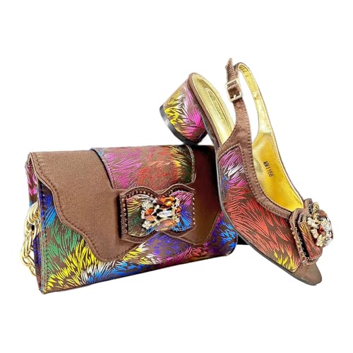 Women Color Matching Comfortable high Heel Shoes and Bag Fashion Style Pointed-Toe Shoes Coffee