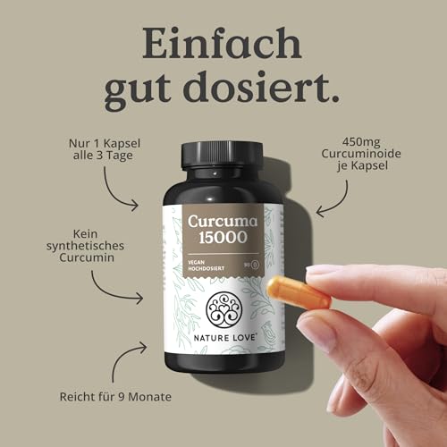 NATURE LOVE® Curcuma 15000 - Kurkuma Kapseln - 9 Monate Reichweite - hochdosiert 95% Curcumin pro Kapsel - mit schwarzem Pfeffer - vegan, laborgeprüft & in Deutschland produziert
