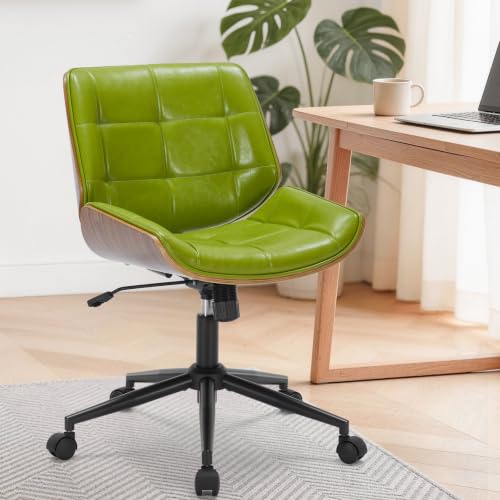 Image of Mid-Century Modern Home Office Chair,Accent Desk Chair with Walnut Finish&PU Leather,Armless Executive Computer Chair with 360° Swivel Rolling Wheels for Vanity, Bedroom&Workspace (Green)