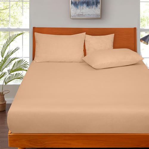 Image of ROYALE LINENS 300 Thread Count 100% Long Staple Combed Cotton Fitted Sheet Twin - Super Soft Deep Pocket Bottom Sheet - Fitted Sheets Only - Elastic Sheets (Twin, Sand)