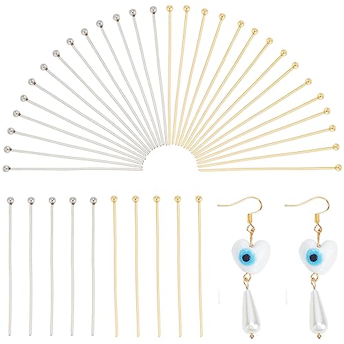 PH PandaHall Jewelry Head Pins 304 Stainless Steel,200pcs 40mm/1.57" Straight Ball Headpins 21 Gauge Golden Stainless Steel 0.7mm Wirepins for Earring Necklace Bracelet Dangle Charm Jewelry Making