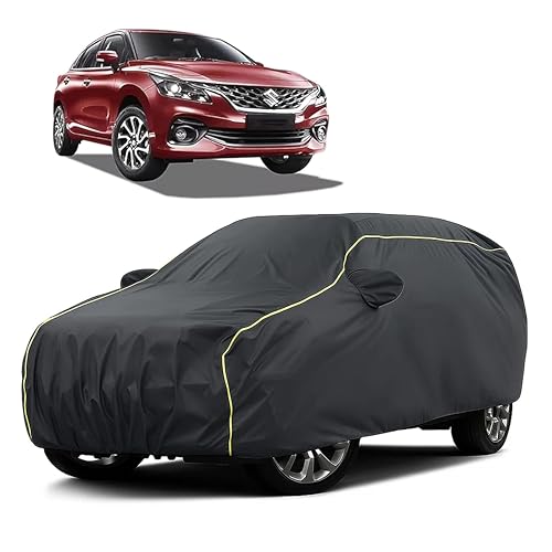 Image of Sulfar 100% Water Resistant Car Body Cover Compatible with Mirror for Maruti Suzuki Baleno (Triple Stitched, Full Bottom Elastic, Dark Grey Taffeta with Yellow Piping)
