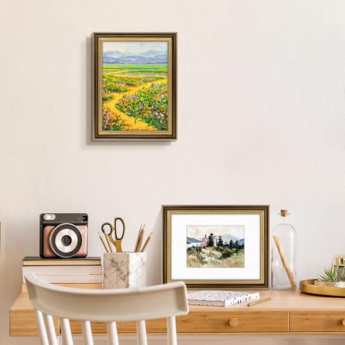 Image of Golden State Art,9x12 Ornate Picture Frame Holds 6x8 Photo,Brown Gold | Includes real glass front,white mat,build-in hangers and buttons.Displays 6x8 photo on wall