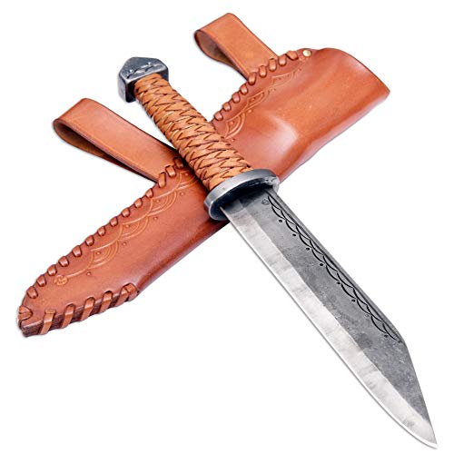 Madhammers Couteau en Acier à Ressort forgé à la Main Sax - Lame tranchante et Pointue avec étui en Cuir véritable Noir Amateur d'art et de Culture - Longueur Totale 35 cm - Cadeau Original Cover