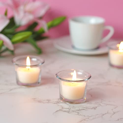 Image of HOSLEY Oyster Cup Clear Glass Filled Candles 48 Pack Ivory Hand Poured Unscented Wax Candles for Home Restaurants Shabbat Church Weddings Romantic Moments Party Spa Meditation