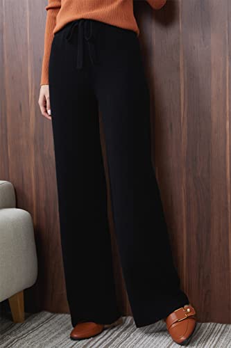 Liny Xin 100% Merino Wool Women's Ribbed Pants High Waist Casual Long Yoga Knitted Trousers(Black,M) #TOP2