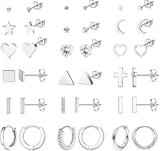 MILACOLATO 18Pairs Stud Earrings Hoop Earrings Stainless Steel for Women Men, Huggie Earrings, Small CZ Heart Moon Star Geometric Stud Earrings,Cartilage Trague Stud Earrings