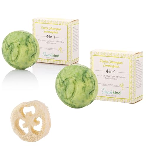 Duschkind Shampoo resistente alla citronella con olio di macadamia, gel doccia solido, cosmetico naturale, formula vegana adatta per ogni capello, 2 pezzi fatti a mano e disco di aerea al 100% senza