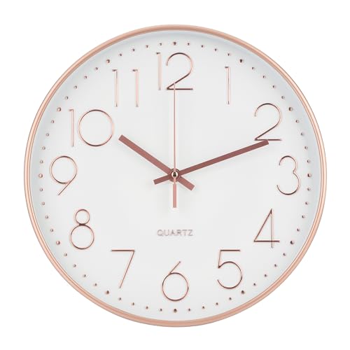 bakbrand Wall Clock 10 Inch Non-Ticking Silent Modern Simple Style Round Decor Clock Rose Gold Stereoscopic Dial Quartz Wall Clocks for Home/Office/School/Living Room/Bedroom/Kitchen