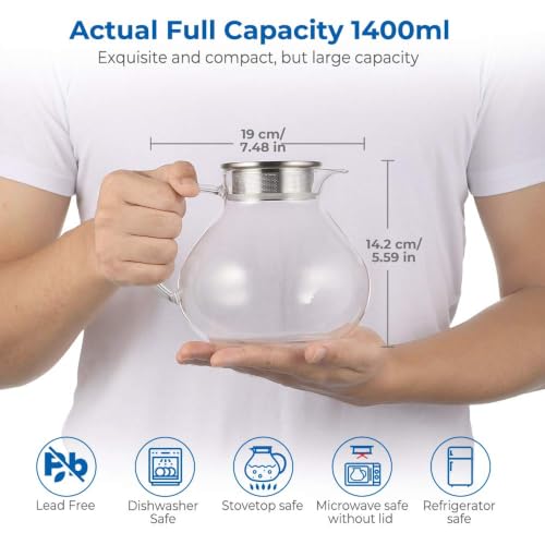 ecooe 1400 ml Teekanne aus Glas mit 2 in 1 Sieb Deckel, Teekanne aus Klarglas, hitzebeständig, Blumen-Teekanne aus Borosilikatglas… – Ansicht 3