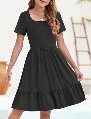 YOVION Girls Summer Short Sleeve Dress Solid Color Casual Flowy A-Line Boho Beach Dresses with Pockets for 8-9 Y Black — view 2