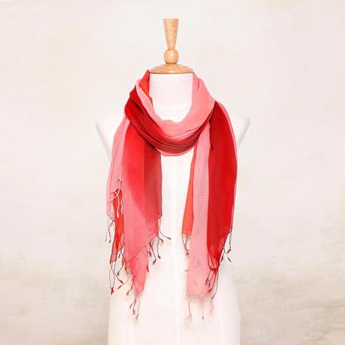 NOVICA Artisan Handmade Cotton Scarves Wrap in Red Pink Orange Pair Accessories Solid Thailand Woven Travel Friendly ' Delightful Breeze in Red' Pair4