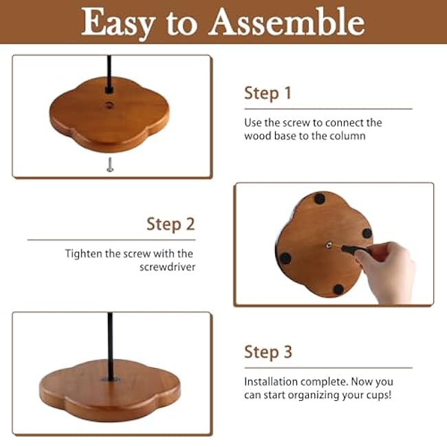 Coffee Mug Holder, Non-Slip 4 Hook Mug Rack, Metal & Wood, Modern & Elegant, Black, Countertop Organizer