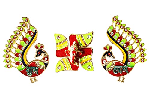 Trendbell Meenakri Red Peacock Diwali Shubh Labh With Swastikk Ganesha Stickers Item For Diwali Indian Puja Wedding & Festival Acrylic Diwali Rangoli Decoration Floor & Office Decoration #TOP2