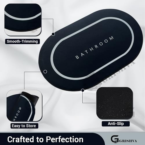 Image of GRISHVA Rubber 3.5mm Anti-Skid Water Soaking Bathroom Print Door Mat, Water Absorbent Mat (40x60cm) Black, Oval