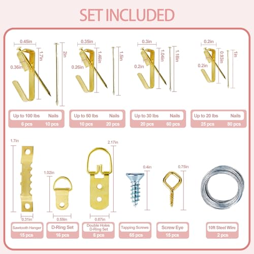 Image of 315Pcs and 352Pcs Picture Hanging Kit, Picture Hanging Hardware with Heavy Duty Frame Hooks, Wire, Nails, D Rings, Photo Sawtooth Hangers, Wall Art Hanging Kit