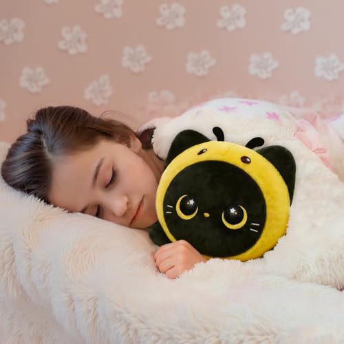 Mewaii Schwarze Katze Biene Plüschkissen 40CM Weiches Kawaii Kuscheltier für Kinder,Niedliches Katze Plüschtier,Perfektes Kuschelkissen und Geschenk