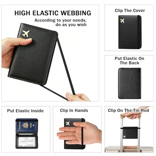 Image of Passport Holder for Travel, Rfid Passport Cover Case, Passport Wallet Women Travel Essentials Accessories Document Organizer with Elastic Band, Black, One Size, Minimalist