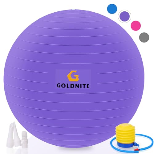 GOLDNITE Pelota de yoga de 26 pulgadas, pelota de equilibrio suiza morada, pelota de gimnasio antiexplosión, pelota de parto antideslizante rápida para embarazo, fitness, pilates, entrenamiento,