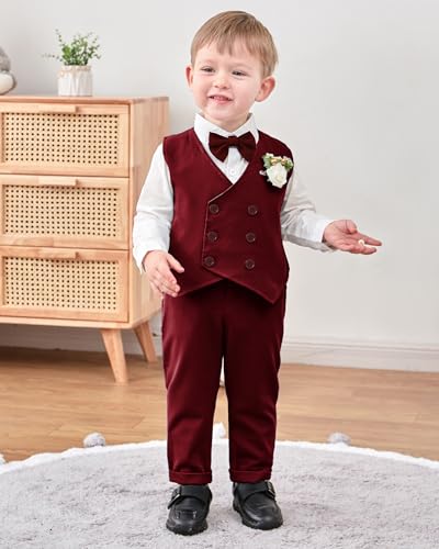Image of YALLET Toddler Baby Boy Clothes Suit Gentleman Wedding Outfits, Formal Dress Shirt+Bowtie+Vest+Boutonniere+Suspender Pants