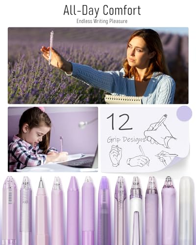 Image of Four Candies Gel Pen Set, Cute Writing Pens with 0.5mm Fine Tip, Black & Purple Ink Pens with Highlighter, Aesthetic Stationery Supplies for School, Office, Pack of 12 - Lavender Series | Back to School Supplies, Office Essentials for Women, Girly Stationery Set, Aesthetic Desk Decor & Accessories - Lavender