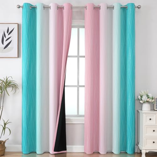 Estelar Textiler Pink and Teal Gradient Blackout Curtains for Bedroom, Thermal Insulated Ombre Drapes 84 Inches Long, Full Room Darkening Energy Saving Curtains for Living Room, 52Wx84L, 2 Panels