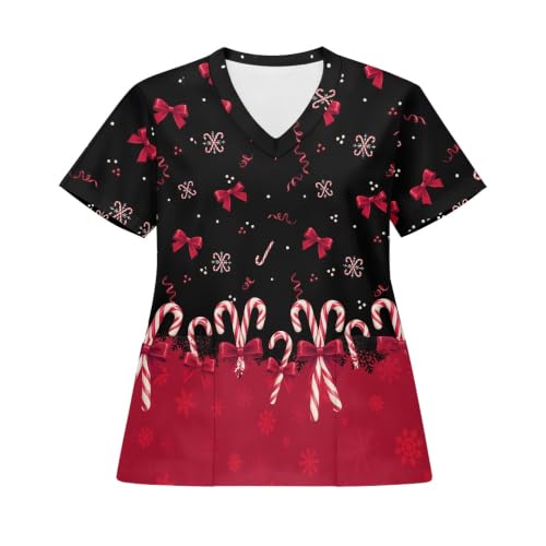 JoyLamoria Christmas Scrub Tops for Women Short Sleeve V Neck Stretchy Nurse Workwear Uniforms 2 Pockets Scrub Shirt, Animal Healthcare, Home Care Xmas Bow Candy Cane