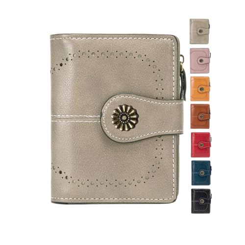 Carteira feminina dobrável de couro com bloqueio de RFID, porta-cartões compacta com bolso para moedas com zíper, Cinza, Carteira feminina de couro