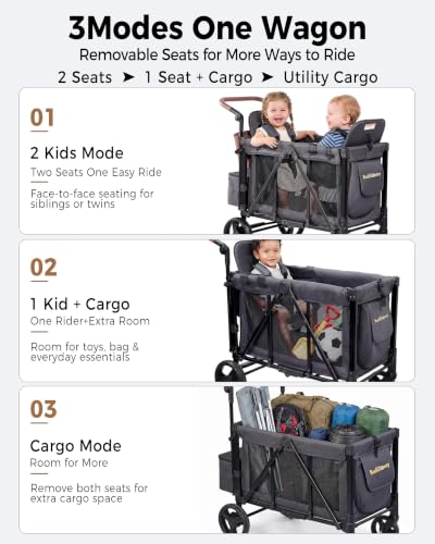 Stroller Wagon for 2 Kids, Foldable 2 Seater Wagon Stroller with Raised Seats, 5-Point Harnesses, Adjustable UPF 50  Canopy, Front Zip Door, All-Terrain Wheels, Insulated Snack Bag, Gray