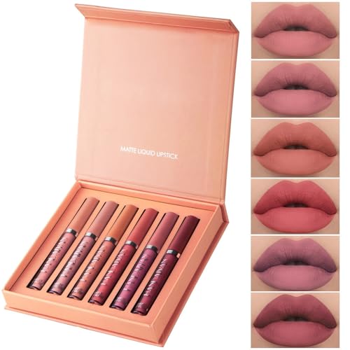 6 Stück matt flüssiger Lippenstift Nude Lipstick Waterproof Long Lasting Non Fading Natural Color Makeup Gift For Women (Set B)