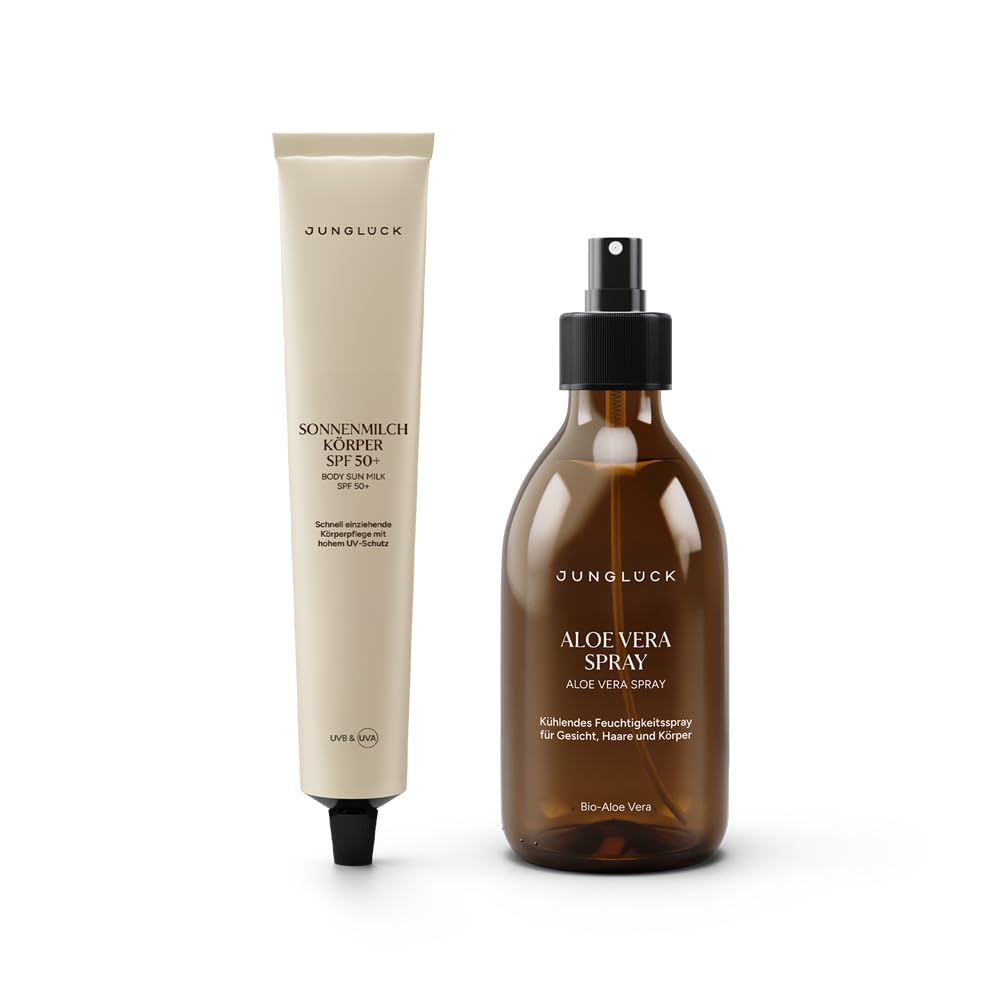 JUNGLÜCK Before & After Sun Körper-Set | Sonnenmilch Körper SPF 50+ 100ml + Aloe Vera Spray 250ml + Gratis Mini Sonnenfluid SPF 50